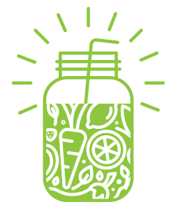 En gron symbol som ser ut som en drink med massvis av farska frukter och gronsaker i En gron symbol som ser ut som en drink med massvis av farska frukter och gronsaker i
