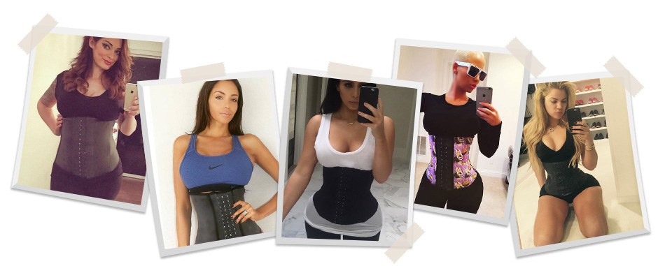 Banner som visar kandisar som bar waist trainer mot en vit bakgrund