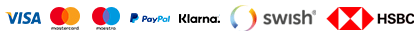 En liten bild som visar olika betalningsalternativen med visa, mastercard, klarna och paypal mot en svart bakgrund