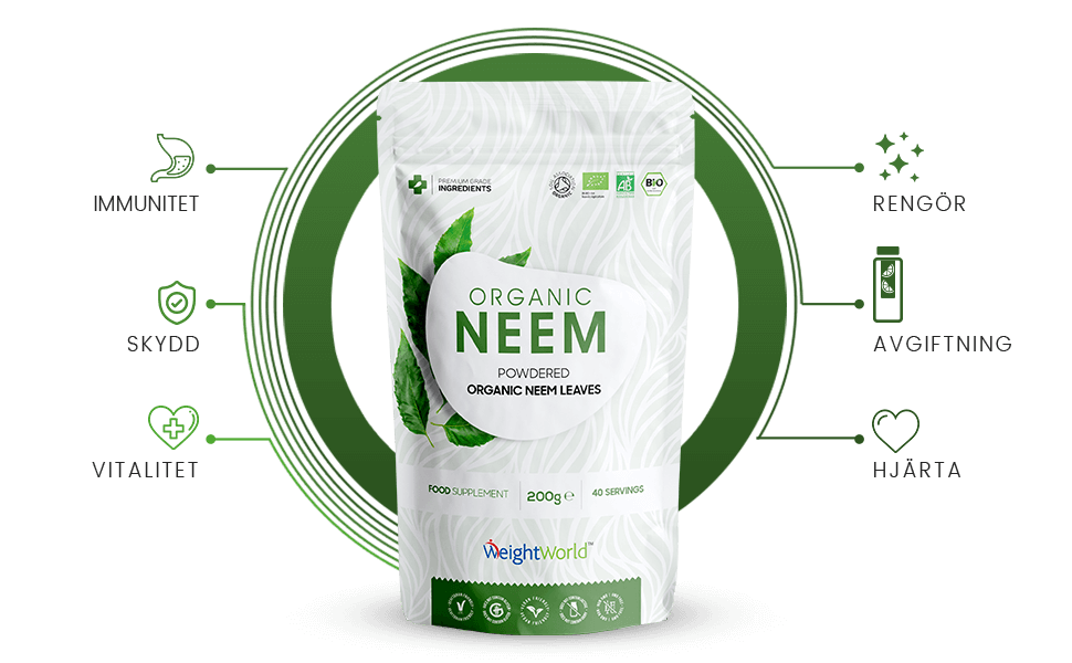 Infographic for ekologiskt neem pulver med fordelar och en produktbild