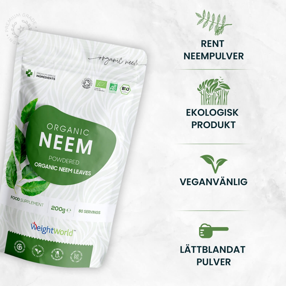 Ekologiskt neem pulver är veganvänligt och lättblandat för att få hjälp med hår, hud och immunförsvar