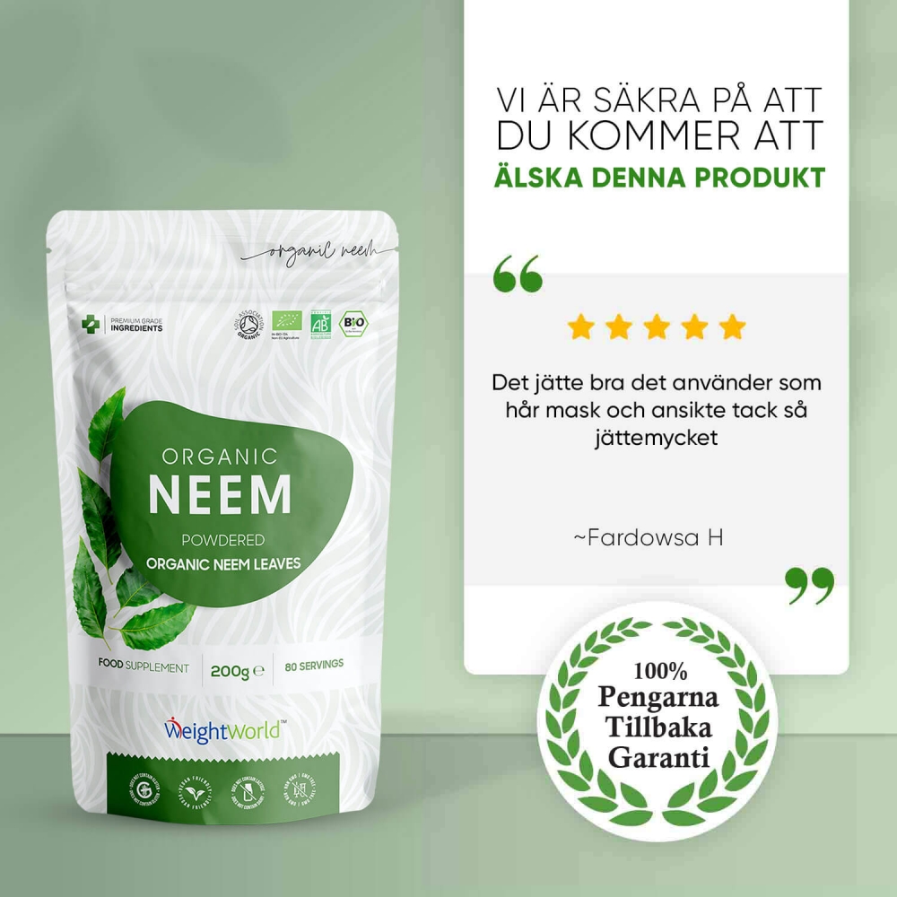 Ekologiskt neem pulver är idealiskt för ens välmående då den stödjer ens immunförsvar, få även 100% nöjdhetsgaranti på produkten