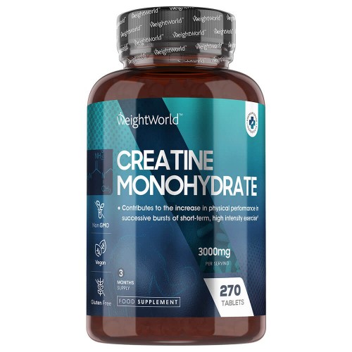 Kreatin Monohydrat 3000mg, 270 kapslar - Muskelbyggande kosttillskott - Vegansk
