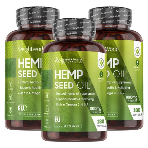 Kapslar med Hampfröolja - Naturligt kosttillskott med Omega 3 & 6 som stödjer hälsan - 1000mg styrka - 90 kapslar - Hemp Seed Oil - 3 Pack