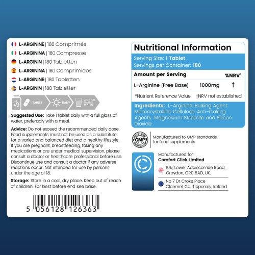 L-Arginine Tabletter - Fitnesstillskott för volym, definition och muskelprestation - 180 tabletter
