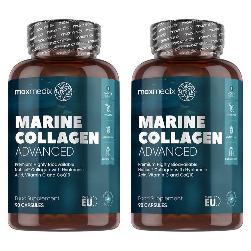 Marine Collagen Advanced - Kollagentillskott för hud, ben och leder - Innehåller hyaluronsyra & CO-Q10 - Vitamin C - 180 kapslar, 2 pack