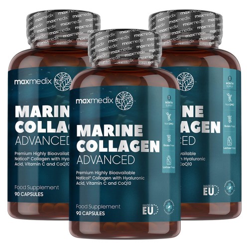 Marine Collagen Advanced - Kollagentillskott för hud, ben och leder - Innehåller hyaluronsyra & CO-Q10 - Vitamin C - 270 kapslar, 3 pack.