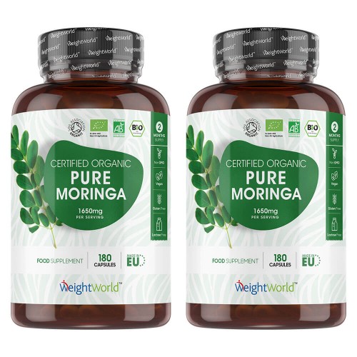 100% Organic Moringa Capsules - Renewing Natural Supplement - 180 Capsules, 1650mg Strength - 2 Pack