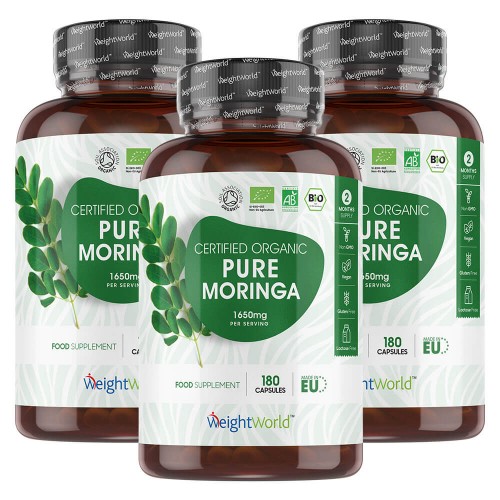 100% Organic Moringa Capsules - Renewing Natural Supplement - 180 Capsules, 1650mg Strength - 3 Pack