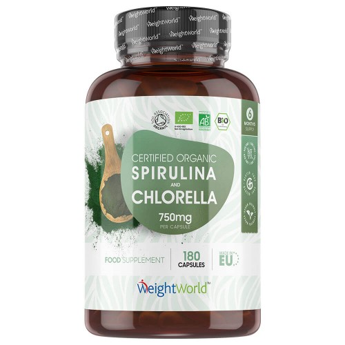 Ekologisk Spirulina & Chlorella, 180 kapslar - För immunförsvar, energi och detox - Vegansk