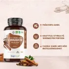 En stor burk av Ceylonkanel på vänster och på höger är det text som nämner hur mycket produkten innehåller