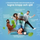 Bilden visar en burk av L Theanine Citronmeliss kapslar där människor är energiska, glada och fokuserade