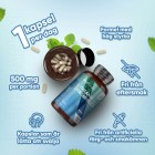 En burk i mitten av L Theanine med Citronmeliss kapslar med text runt omkring som beskriver fördelarna med produkten