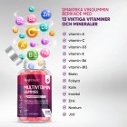 Bilden visar en öppnad burk av Vitamin gummies från WeightWorld och alla de vitaminer och mineraler den innehåller.