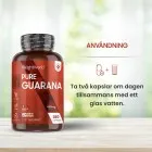 Bilden visar en burk av Guarana kapslar och text som beskriver hur många man borde ta