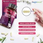 Bilden visar en burk av WeightWorlds Quercetin Complex samt en bild på kapseln och text som beskriver hur många och att det är enkelt att svälja den