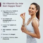 På denna bild ser man en person och text som beskriver egenskaper av WeightWorlds A vitamin tabletter