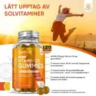 En kvinna som hoppar i bakgrunden av en burk med Vitamin D3 Gummies där det sedan står ett par fördelar med produkten.