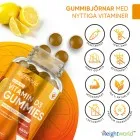 En öppnad burk med Vitamin D3 Gummies som ligger ned och vingummin har ramlat ut.