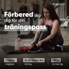 Bilden beskriver hur L-Karnitin kan användas vid träning, och visar en kvinna som förbereder sig för ett träningspass