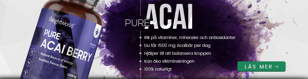 Produktbeskrivning på Pure Acai med en bild på burken i härnet. Bilden foljer samma lila ton och beskriver hur Pure Acai