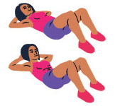 En kvinna som visar i tva steg hur man gor sit ups mot en vit bakgrund