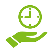 En gron symbol som visar en hand som haller i en klocka med vit bakgrund