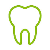En symbol som liknar en tand i gron mot en vit bakgund