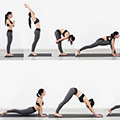 Bild på en kvinna i traningsklader som verkar utfora olika yogaovningar på en yogamatta
