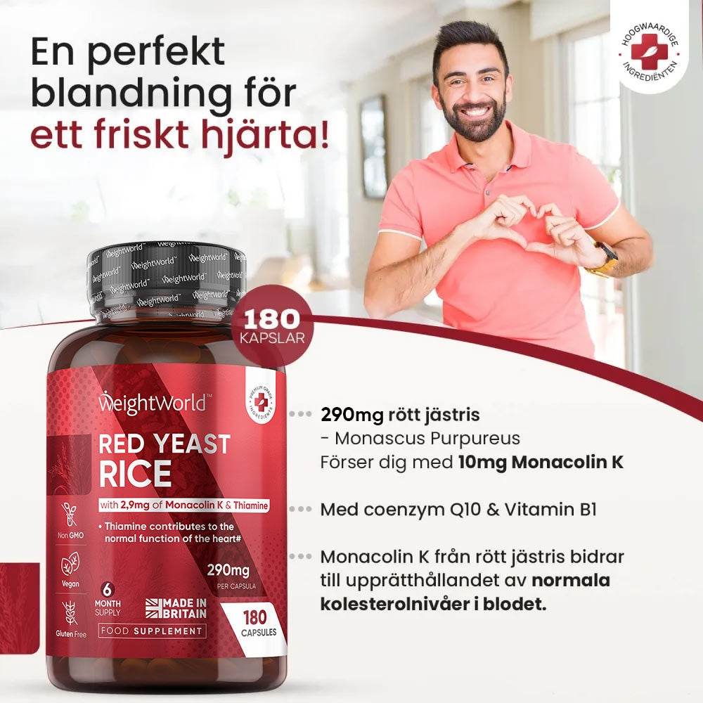 En glad man i bakgrunden av en burk med rött jästris från WeightWorld där även det beskrivs hur mycket produkten innehåller i mg form
