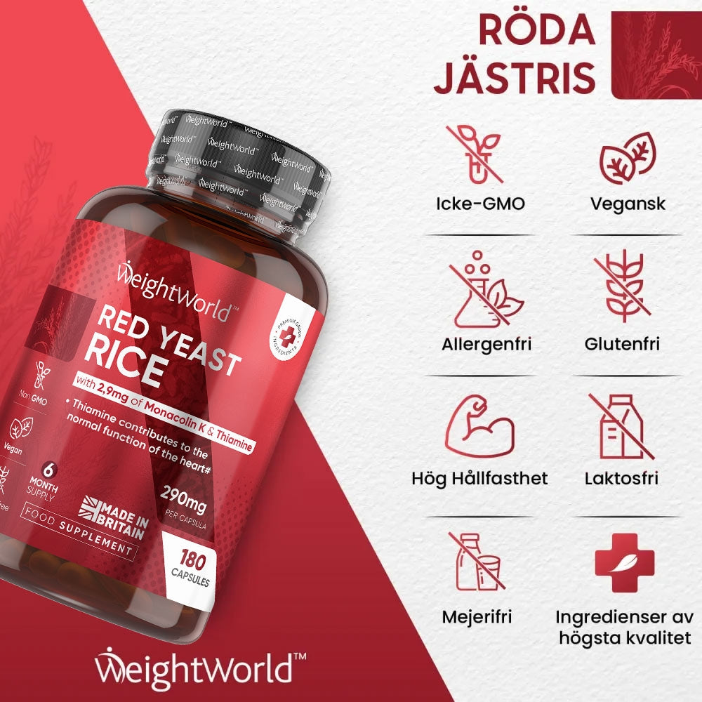 En Röda Jäst Ris kapslar burk till vänster där det sedan beskrivs olika fördelar med att beställa produkten från WeightWorld till höger