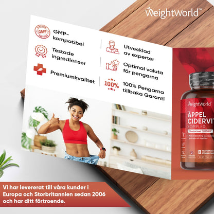 Bilden visar en uppvikt broschyr som listar produktfördelar med Äppelcidervinäger Komplex