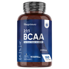 BCAA-tillskottflaska i mörkbrunt glas med etikett 2:1:1, B6 och B12, 180 kapslar