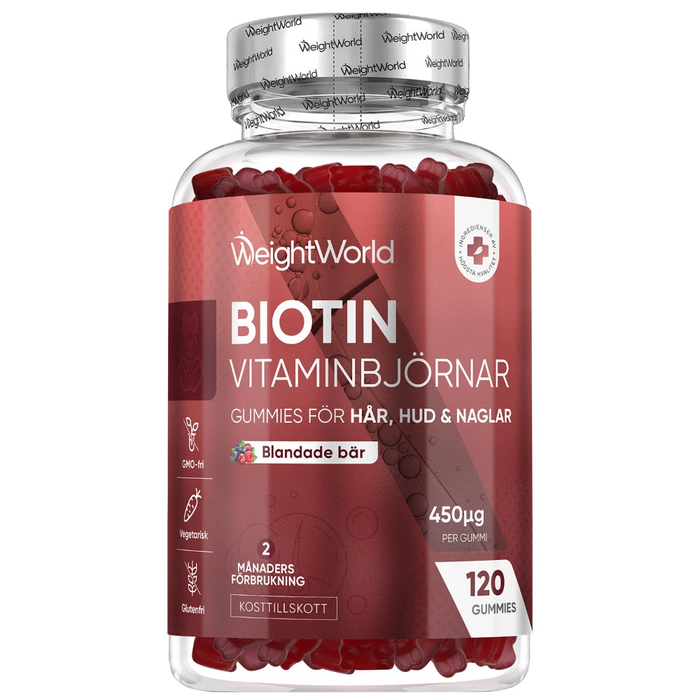 WeightWorld Biotin-vitaminbjörnar i röd glasburk, 120 tuggummibjörnar, 450 µg per bit.
