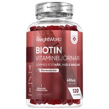 WeightWorld Biotin-vitaminbjörnar i röd glasburk, 120 tuggummibjörnar, 450 µg per bit.