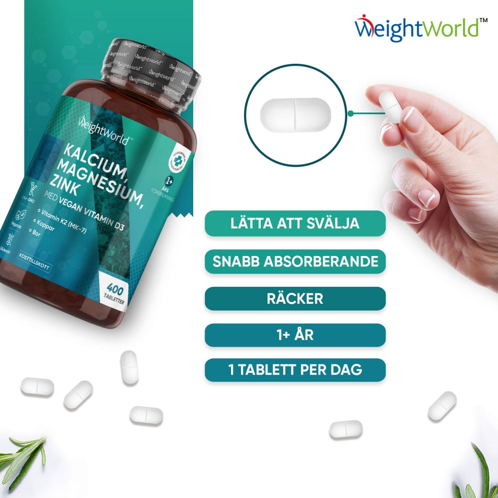 Perfekt doserade Kalcium tabletter med magnesium, zink och vitamin D3