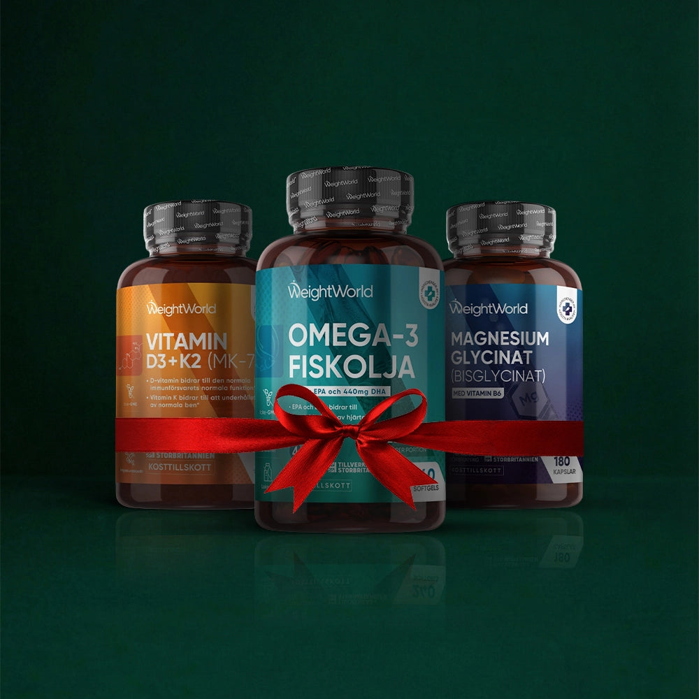 Tre kosttillskott på flaska: vitamin D3+K2, omega-3 och magnesiumglycinat