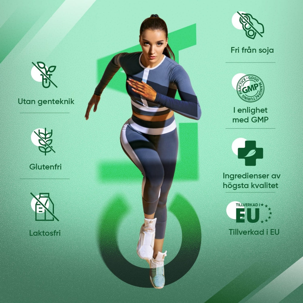 I mitten är det en bild på en kvinna som springer och runtomkring är det olika mindre bilder för att informera att produkten är glutenfri och vart den är tillverkad med massa mer information