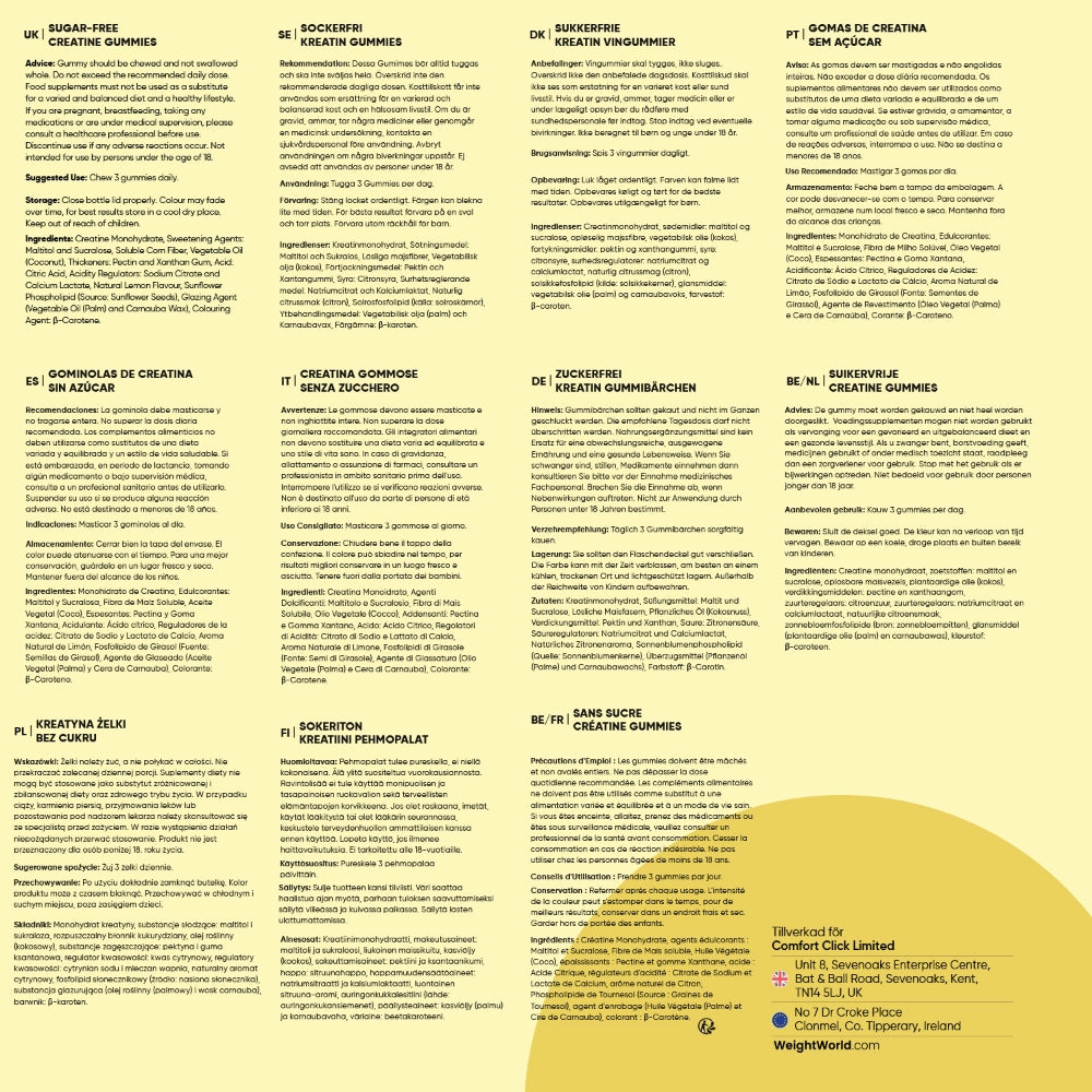 Informationsblad om kreatingummies med närings- och ingrediensuppgifter