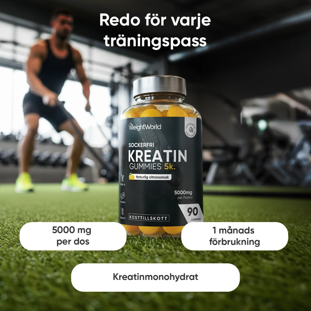 Kreatingummies-flaska i glas med lock, 5000 mg per dos och 90 gummies