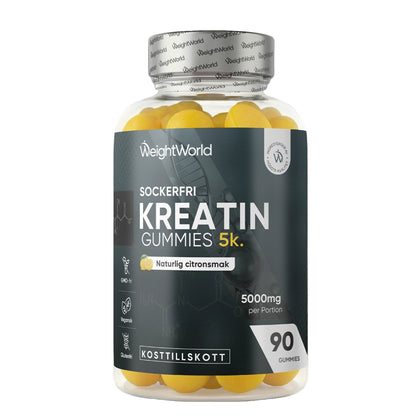 Kreatingummies i flaska med lock, 90 gummies och smak av naturlig citronsmak