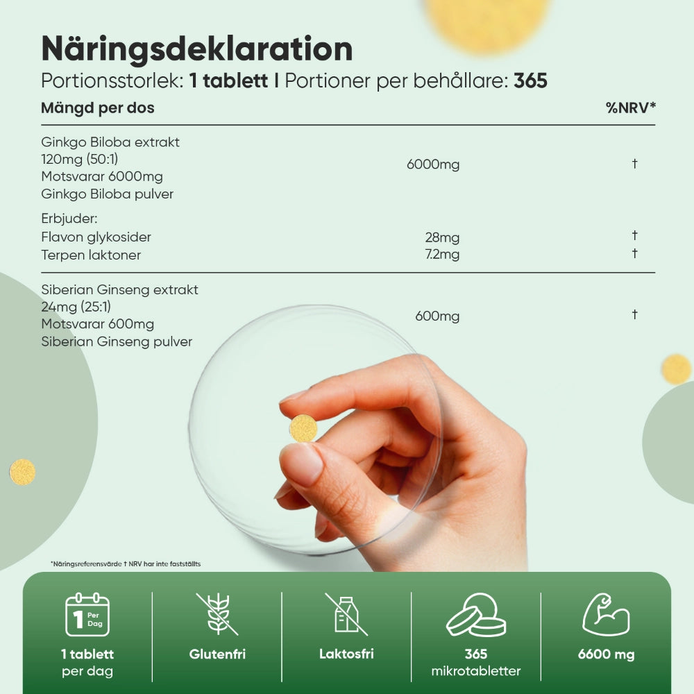 Ginkgo Biloba-tabletter: hand håller liten gul tablett, näringstabell i bakgrund