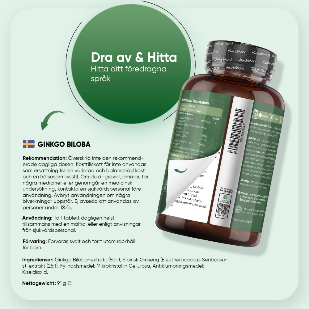 Ginkgo Biloba-kosttillskott med bruksinfo på etikett och flaska med grön märkning