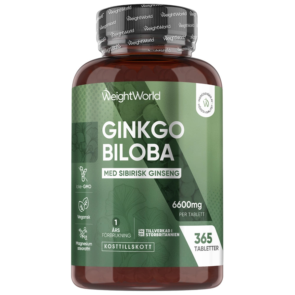 Ginkgo Biloba-kosttillskott i mörkbrun flaska med grönt etikettparti