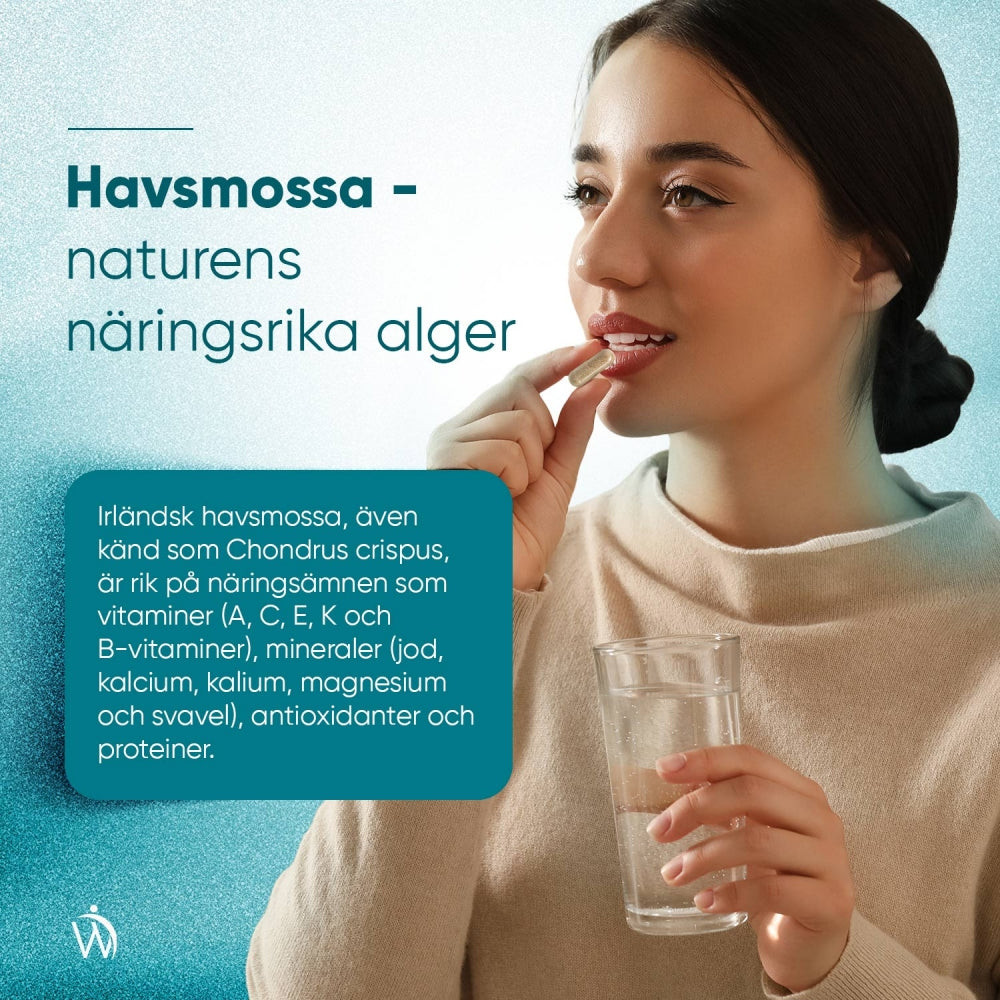 Bild på kvinna som tar en kapsel av WeightWorlds Irish Sea Moss 4000 mg tillsammans med ett glas vatten