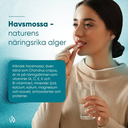 Bild på kvinna som tar en kapsel av WeightWorlds Irish Sea Moss 4000 mg tillsammans med ett glas vatten