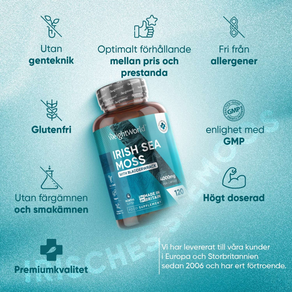 Bilden visar en burk med WeightWorlds Irish Sea Moss 4000 mg, tillsammans med produktfördelar