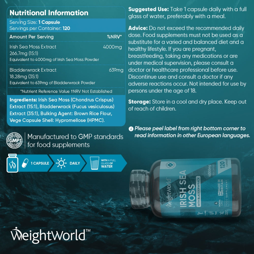 Innehållsförteckningen för WeightWorlds Irish Sea Moss 4000 mg