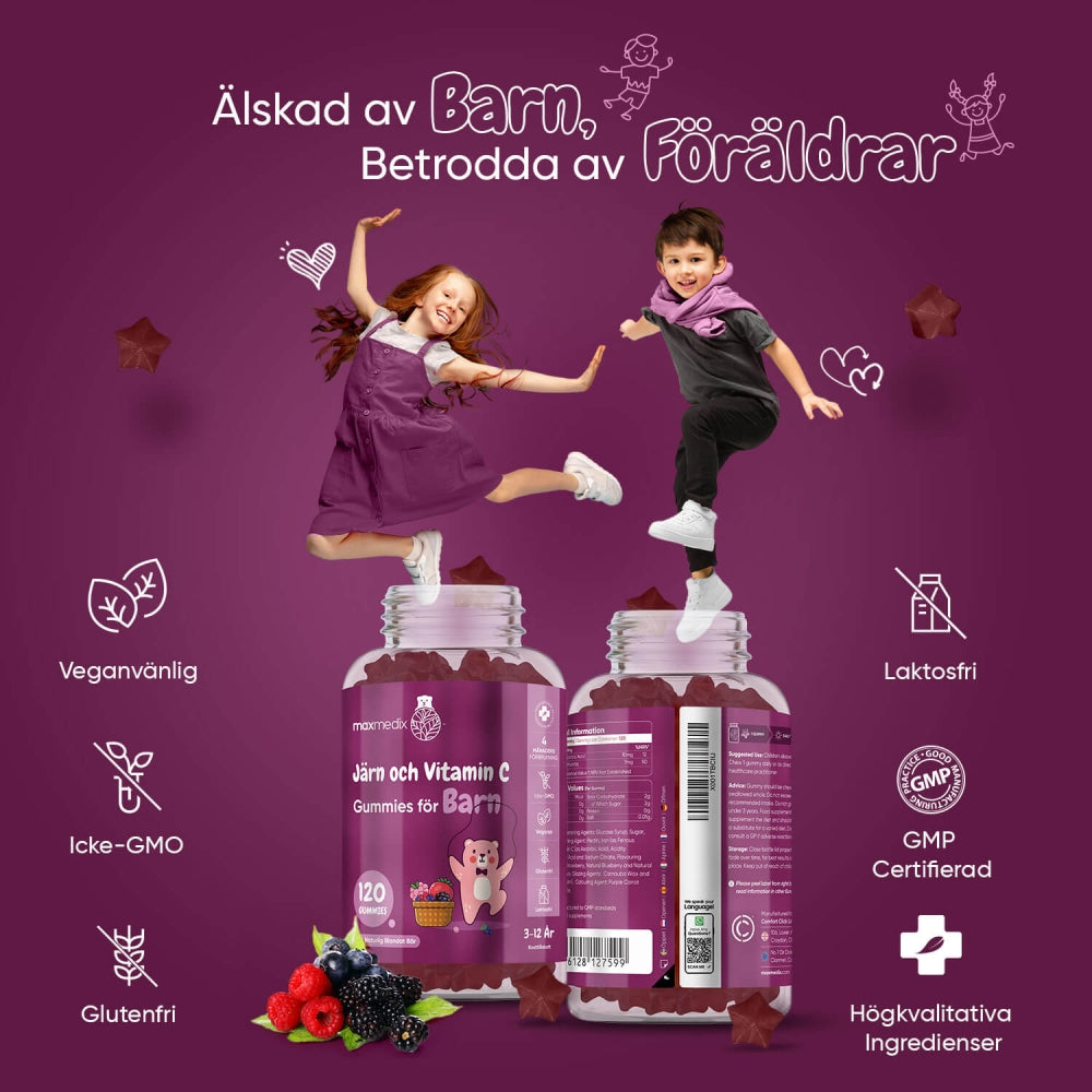 En bild på 2 burkar av Järn och vitamin C gummies där det ser ut som om barn hoppar ut ur burken och sen står det fördelar om vad WeightWorlds produktens fördelar