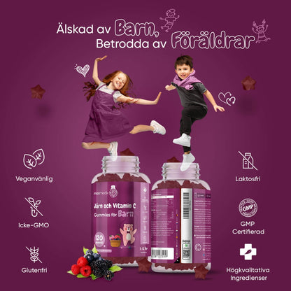 En bild på 2 burkar av Järn och vitamin C gummies där det ser ut som om barn hoppar ut ur burken och sen står det fördelar om vad WeightWorlds produktens fördelar